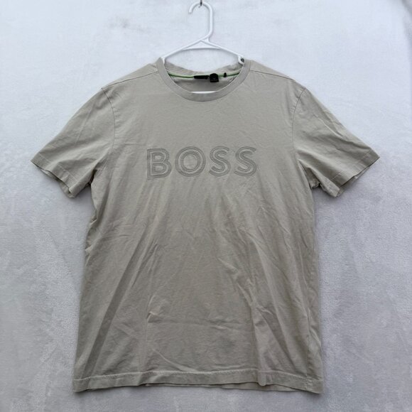 Hugo Boss T Shirt Mens L Cream Logo Spell Out Basic Casual Stretch - Picture 1 of 9